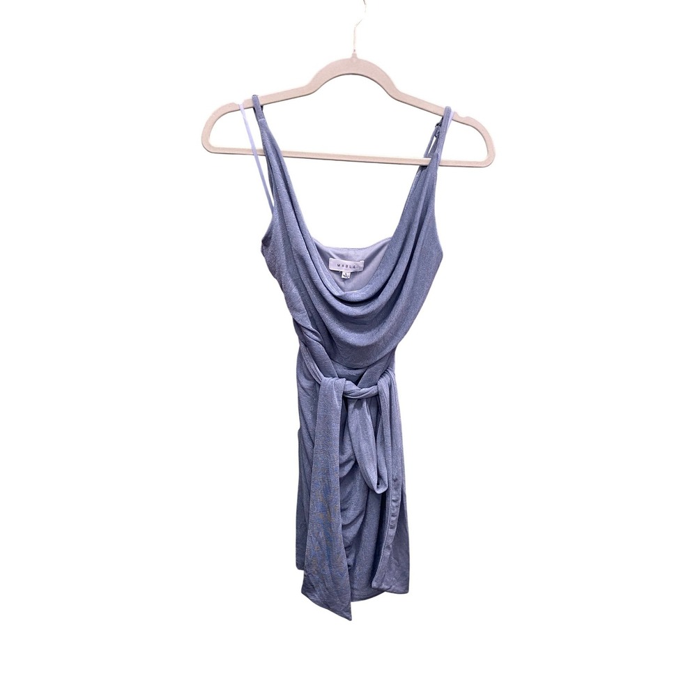 Mable Metallic Cowl Neck romantic Ruched Mini Dress ice Blue Sleeveless Size L